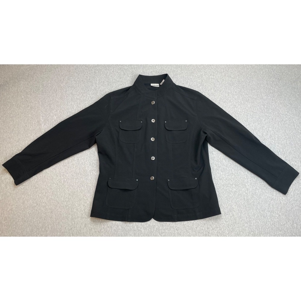 Chicos Jacket Women Size 2 (L/12) Black Stretch Silver Front Snap Closure